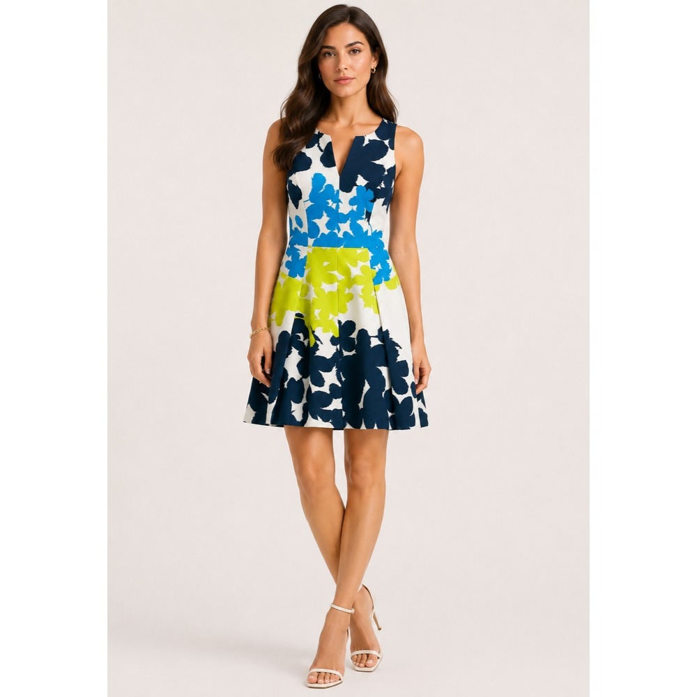 Milly Halter Dress Women 0 White Blue Yellow Abstract Print Cotton Blend Pockets